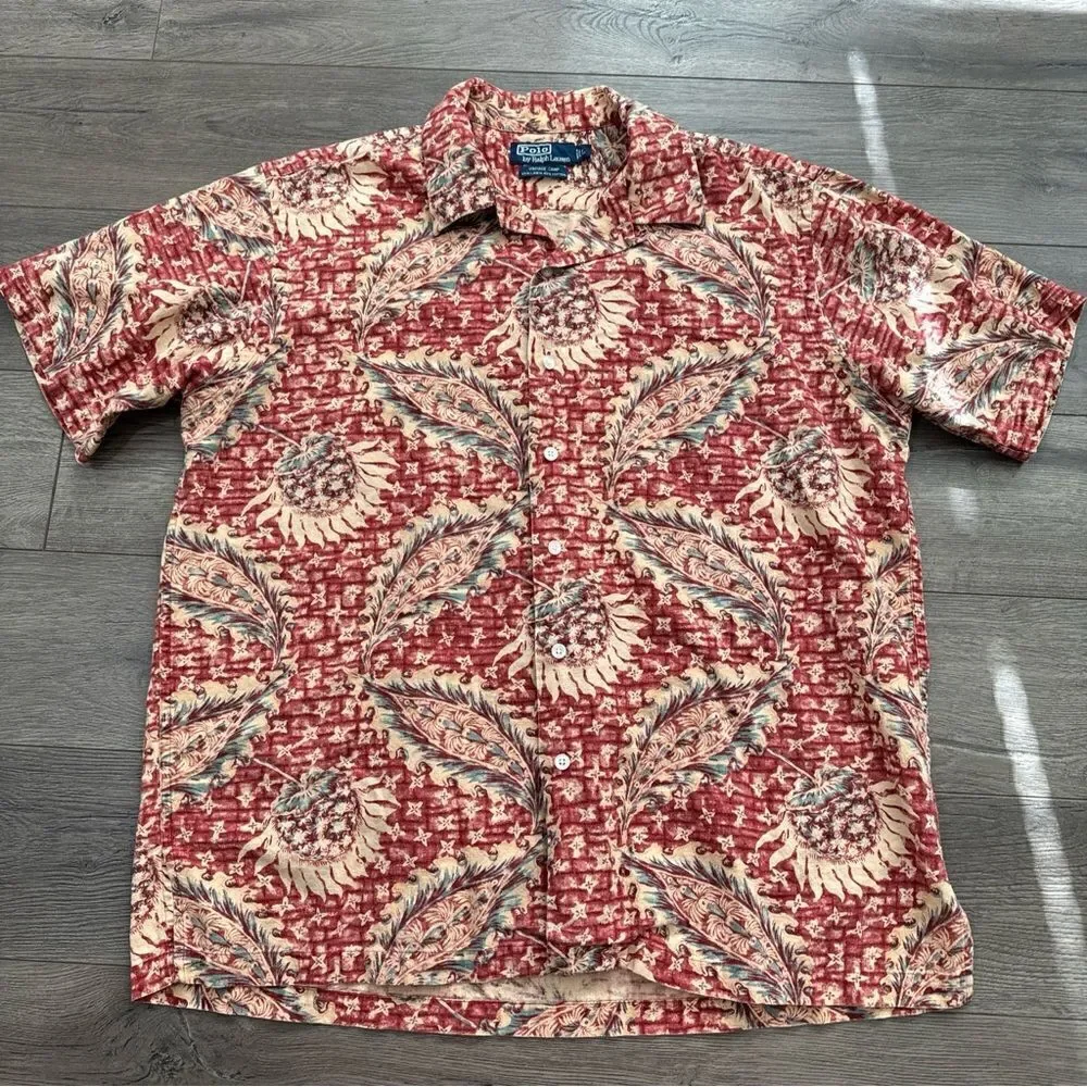 Polo Ralph Lauren Vintage Camp Shirt Men's L Linen Blend Pineapple Floral Red